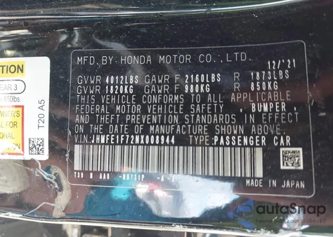 2022 Honda Civic Ex из США, поврежденный, VIN JHMFE1F72NX008944